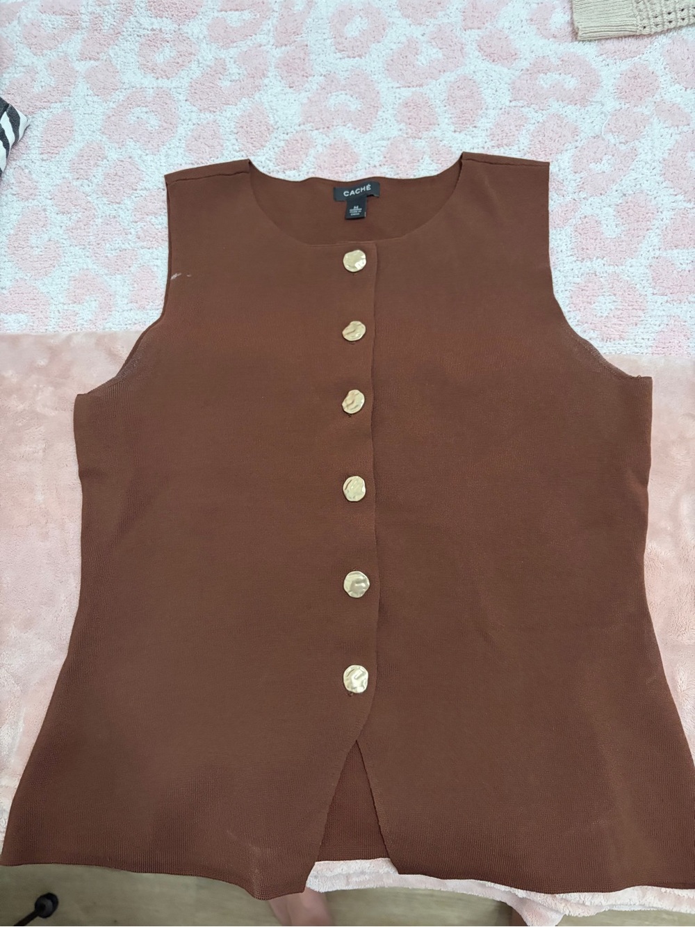 Cache Brown Sleeveless Button-Front Knit Shell